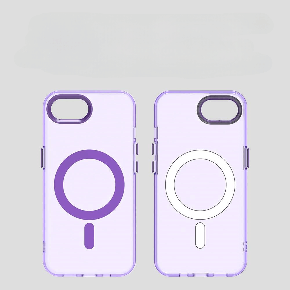 Zwei Cover-Discount iPhone 16e Schutzhüllen aus Acryl mit Magnet, grauem Hintergrund und MagSafe-Kreis in Lila sowie Weiß. Perfekt für kabelloses Laden: Stilvoller Schutz und Funktionalität.