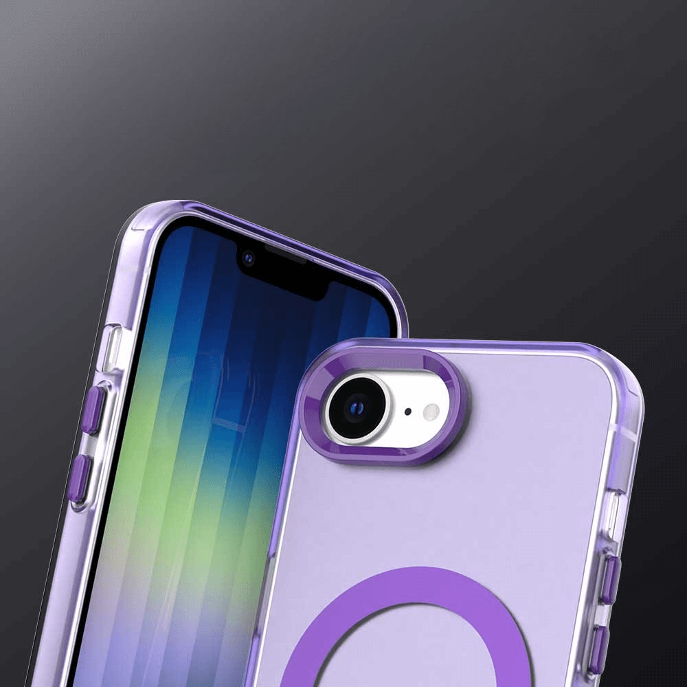 Zwei iPhones in lila Cover-Discount Schützende Acryl-Handyhülle mit Magneten - eine zeigt den Bildschirm, die andere die Rückseite und die Kamera. Kompatibel mit kabellosem Laden, perfekt als iPhone 16e Hülle.