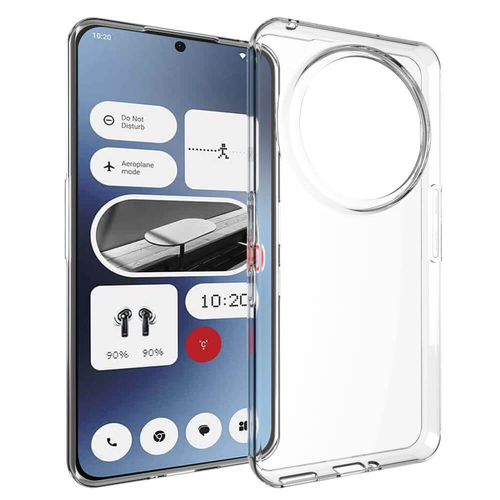 Das Nothing Phone (3a) Pro wird neben einem transparenten Silikon-Gummi-Case von Cover-Discount gezeigt, auf dessen Bildschirm verschiedene App-Widgets angezeigt werden.