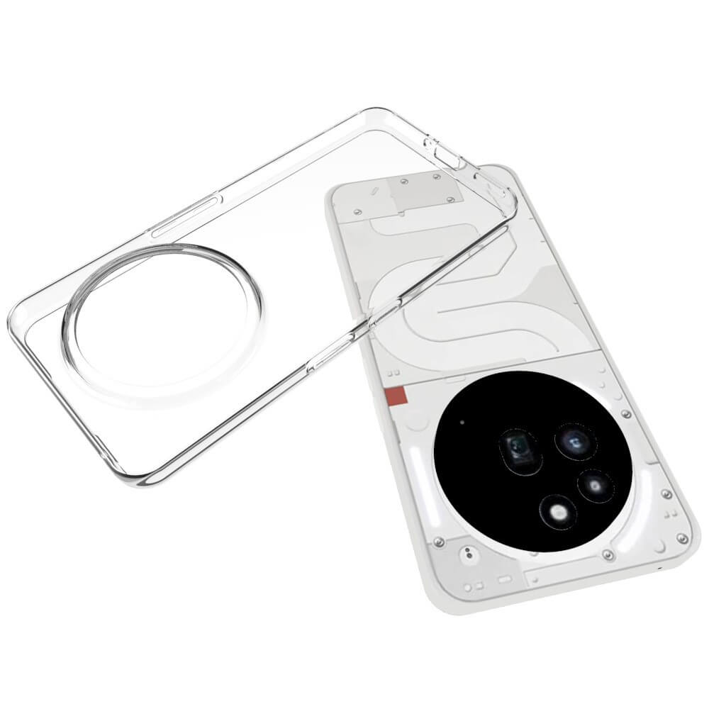 Das transparente Cover-Discount Nothing Phone (3a) Pro Silikon Gummi Case präsentiert Ihr weißes Smartphone und hebt sein kreisförmiges Dreifachkameramodul auf der Rückseite hervor.