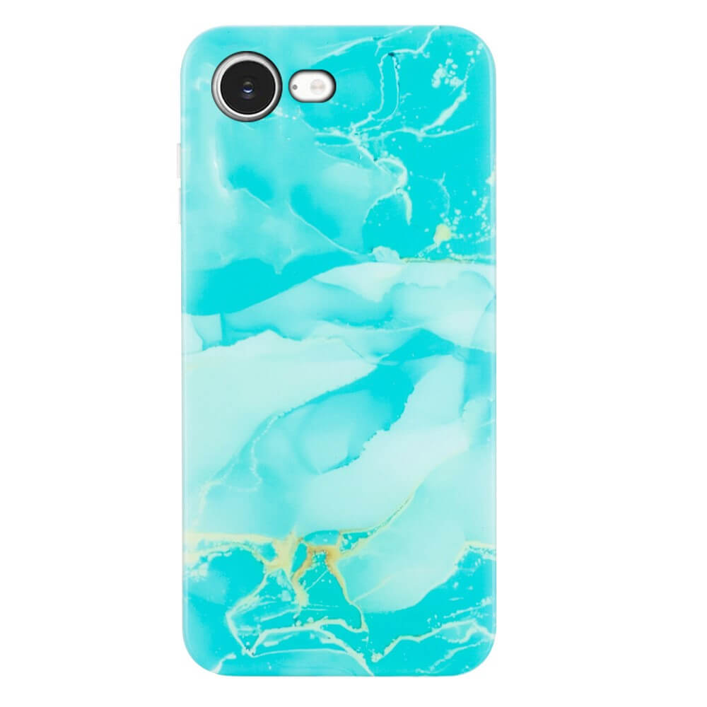Die Cover-Discount iPhone 16e Silikon Hülle mit Marble Motiv bietet stilvollen Schutz und überzeugt mit türkisfarbenem Marmor-Design sowie weißen und gelben Adern - die perfekte Handyhülle für dein Smartphone.