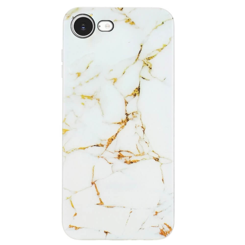 Die Cover-Discount iPhone 16e - Silikon Hülle mit Marble Motiv bietet eleganten weißen Marmor-Look mit goldenen Akzenten und sorgt so für stilvollen Schutz Ihres Smartphones.