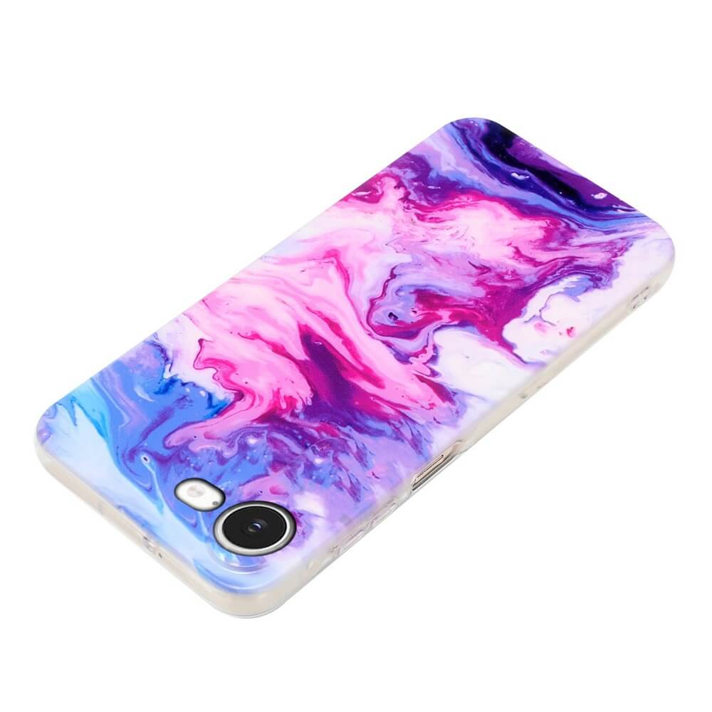 Cover-Discount iPhone 16e - Silikon Hülle mit Marmor Motiv in Pink, Lila und Blau auf weißem Hintergrund - stylischer Schutz für dein Handy.