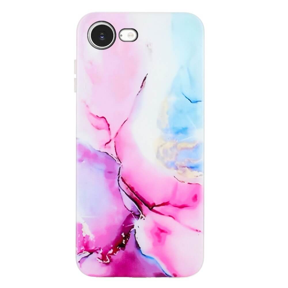 Schützen Sie Ihr iPhone 16e stilvoll mit der Cover-Discount Silikon Hülle mit Marble Motiv, die ein schickes rosa, lila und blaues Marmordesign aufweist.