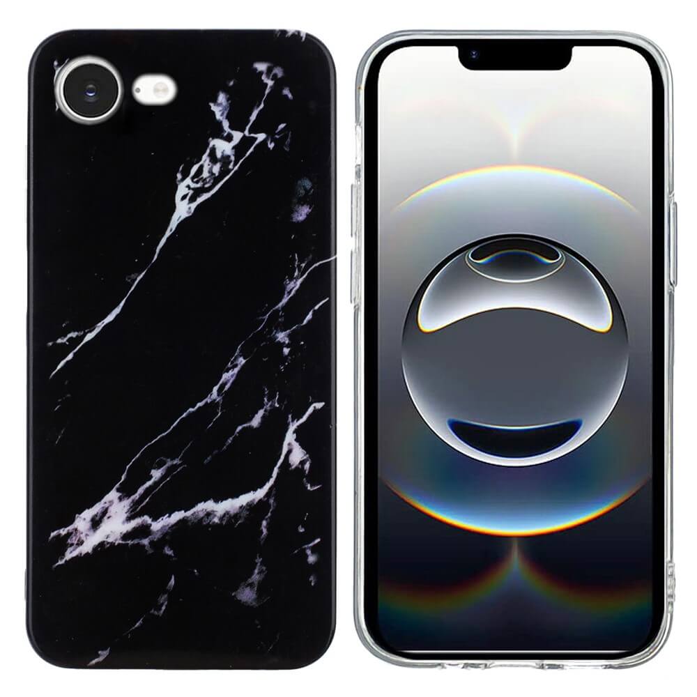 Zwei Smartphones: eines mit einer stylischen Cover-Discount iPhone 16e Silikon Hülle mit Marble Motiv, das andere mit einer durchsichtigen Hülle, die den Home Screen anzeigt.