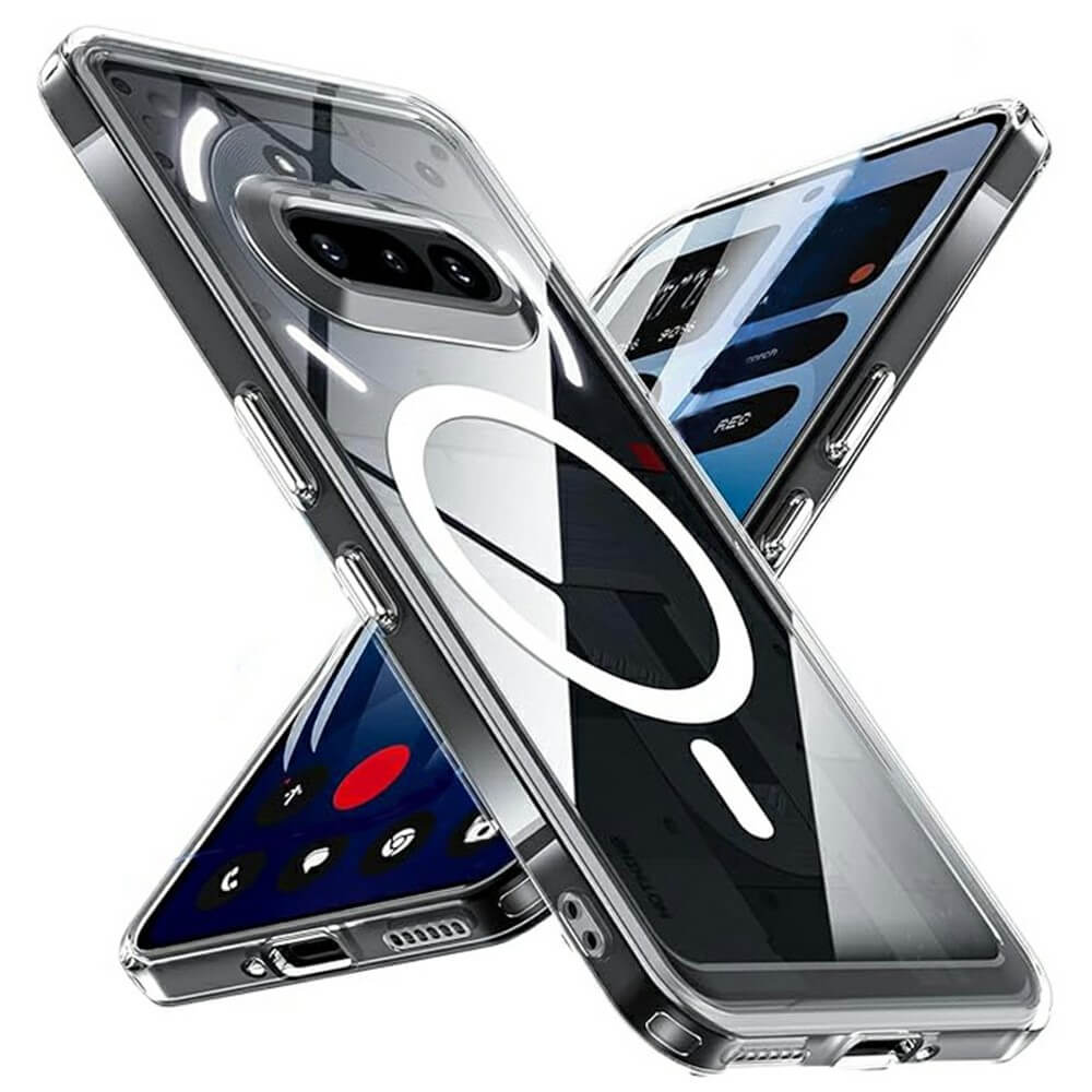 Zwei Nothing Phone (3a) Smartphones in der Cover-Discount Acryl-Handyhülle mit Magnet sind X-förmig angeordnet, wodurch Bildschirme und Kameramodule optimaler Rundumschutz geboten werden.