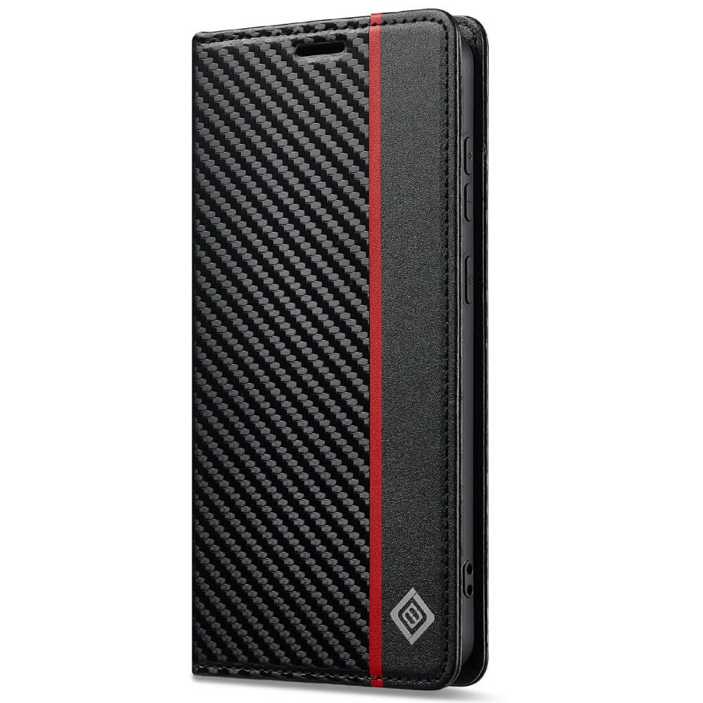 Die LC.IMEEKE Galaxy S25 Edge Hülle Carbon Fiber in Schwarz verfügt über eine Carbonfasertextur, vertikale rote Streifen und bietet stilvollen Schutz, wenn Ihr Smartphone geschlossen und aufrecht steht.