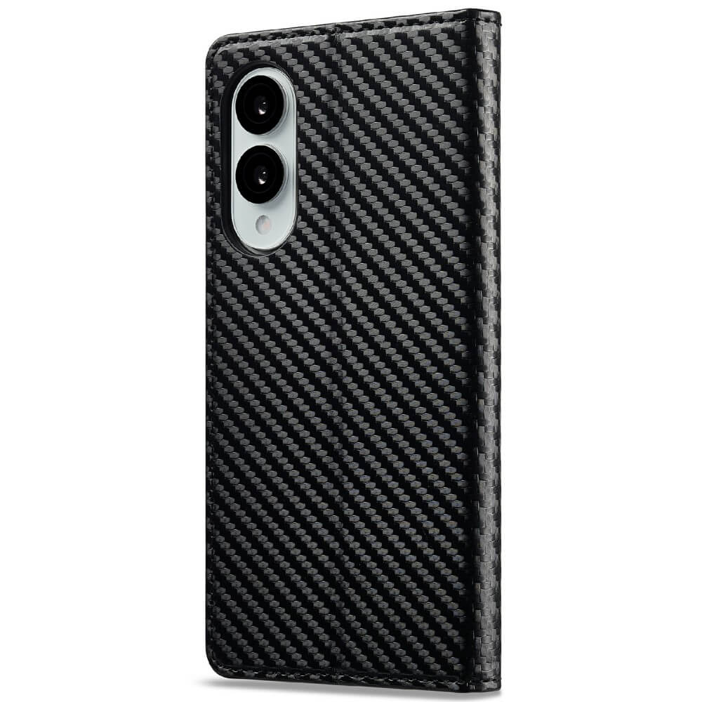 Die LC.IMEEKE Hülle Carbon Fiber für das Galaxy S25 Edge verfügt über zwei Kameraaussparungen, steht aufrecht und bietet stilvollen Smartphone-Schutz.