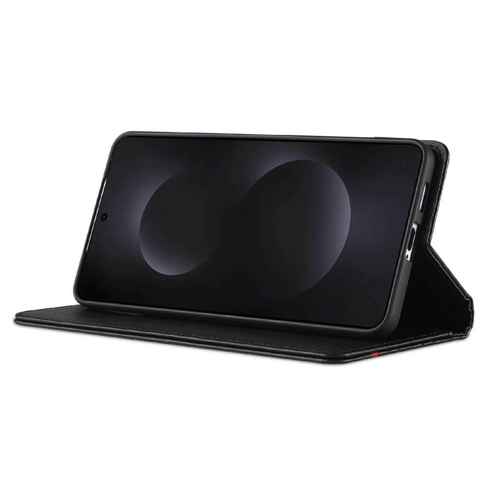 Das Galaxy S25 Edge in der LC.IMEEKE Hülle Carbon Fiber (schwarz) wird horizontal gezeigt und verfügt über ein dunkles abstraktes Display für stilvollen Smartphone-Schutz von LC.IMEEKE.