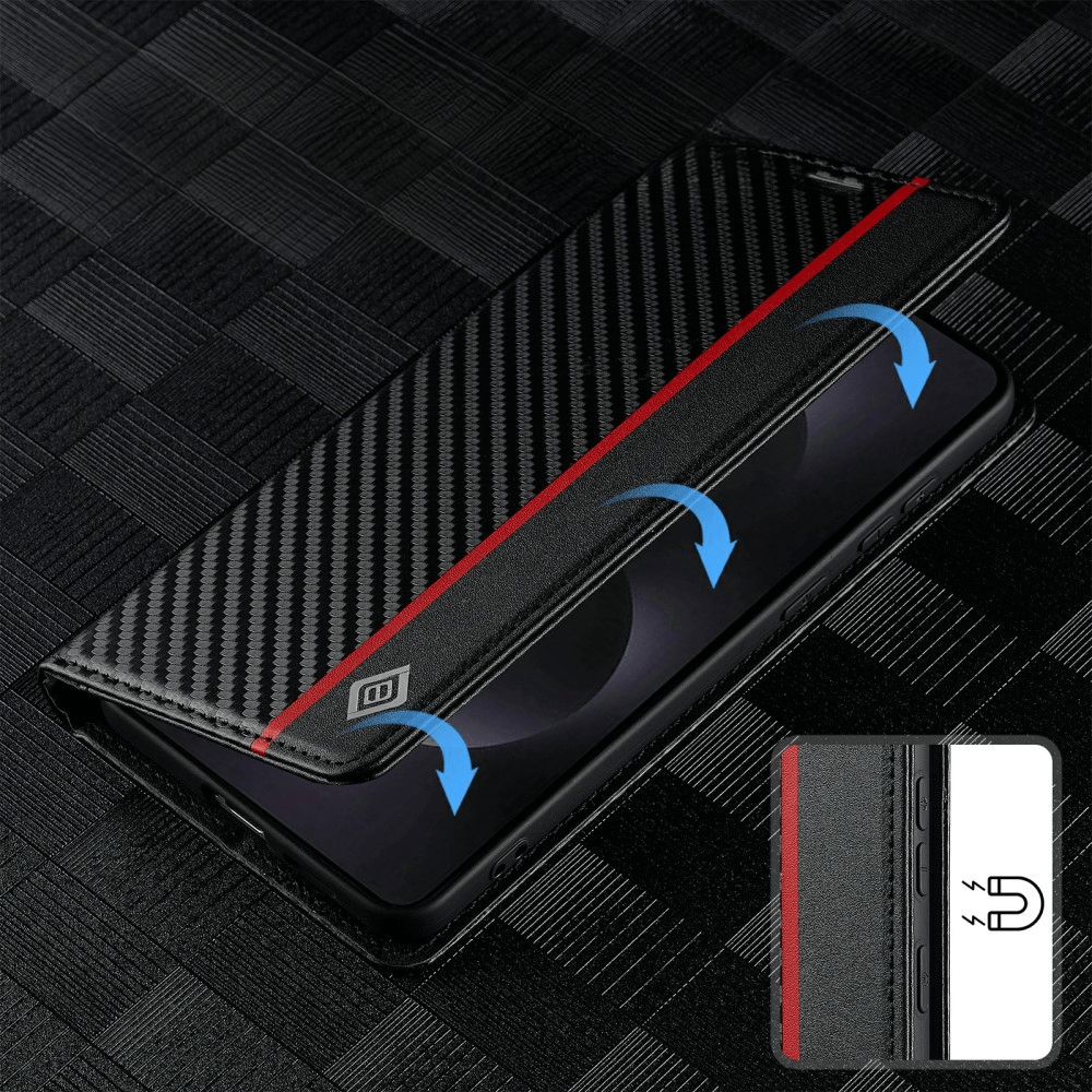 LC.IMEEKE Hülle Carbon Fiber für Galaxy S25 Edge in Schwarz mit rotem Streifen, verfügt über einen Magnetverschluss (in der Ecke abgebildet) und bietet erstklassigen Smartphone-Schutz.