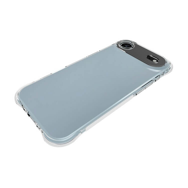 Ein iPhone 17 Air in einer transparenten Fallschutzhülle aus Silikon von Cover-Discount liegt mit der Vorderseite nach unten auf einem weißen Hintergrund.