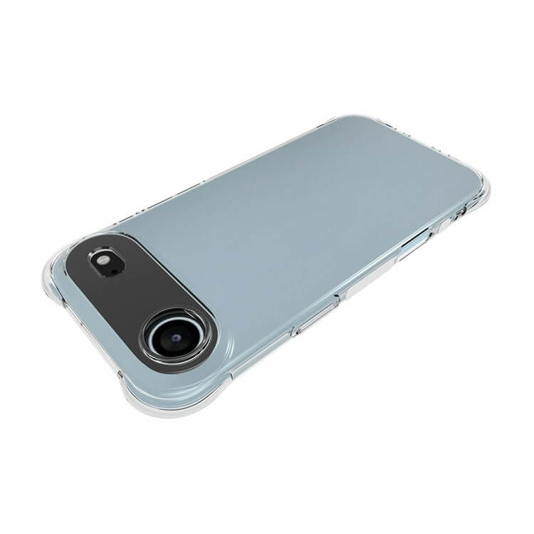 Das Cover-Discount iPhone 17 Air - Drop Protection Silikon Case verfügt über ein transparentes TPU-Design, das die Rückkamera und die hellgraue Oberfläche für einen stilvollen Schutz zeigt.