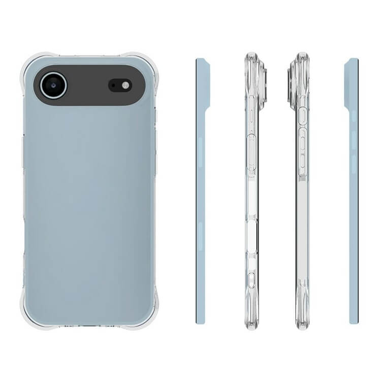 Das Cover-Discount iPhone 17 Air - Drop Protection Silikon Case, hergestellt aus transparentem TPU, ist auf einem hellblauen Telefon von der Rückseite und verschiedenen Seiten vor einem weißen Hintergrund dargestellt.