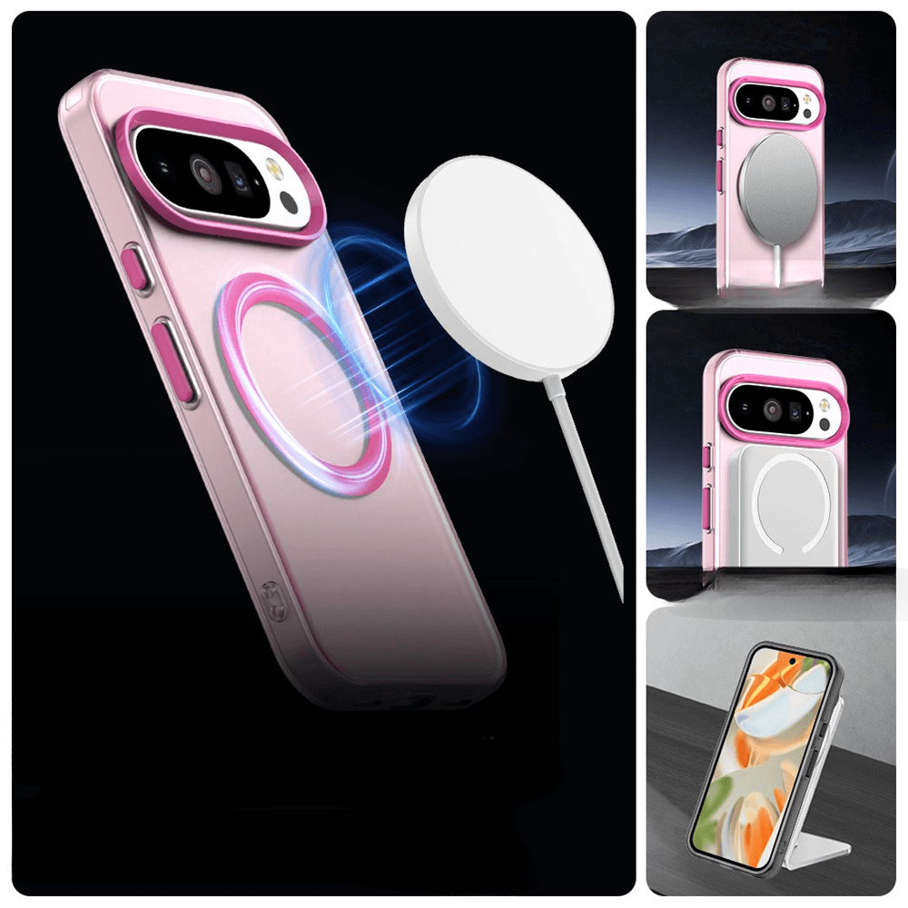 Rosa Smartphone-Hülle mit Kameraausschnitten und Magnetzubehör. Zeigt kabelloses Laden und Ständerfunktion.