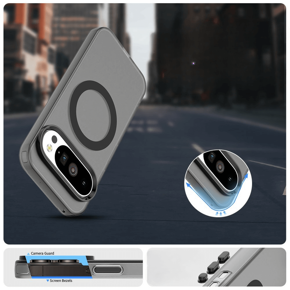 Graues Smartphone-Case mit erhöhtem Kameraring und schützendem Display-Rand vor urbanem Hintergrund.