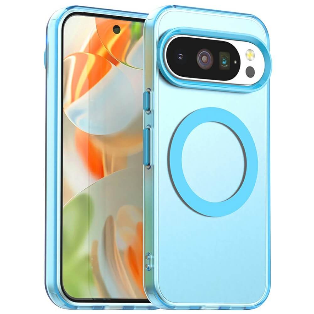 Smartphone mit hellblauem Schutzgehäuse, Dual-Kamera, Blitz, Sensor und magnetischem Ring für Zubehör.