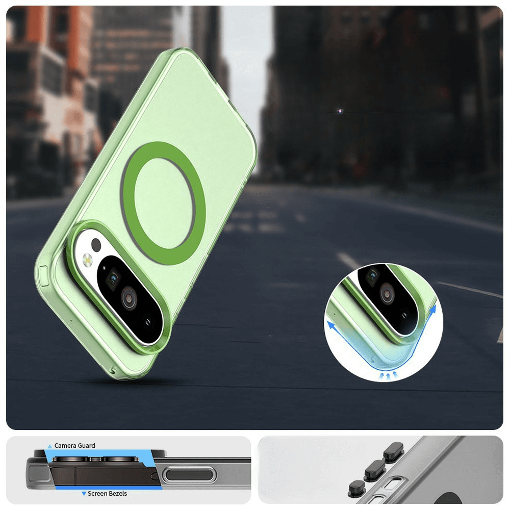 Grüne Smartphone-Hülle mit magnetischem Ring, erhöhtem Kameraschutz, seitlichen Tasten und Randabdeckung.
