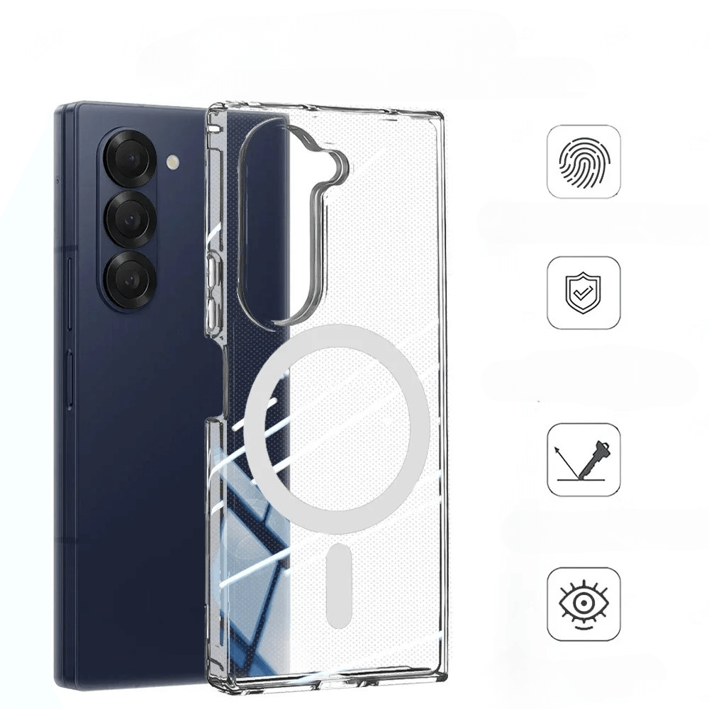 Die Galaxy Z Fold7 Schutzhülle von Cover-Discount bietet dank Magnet stilvollen 360°-Schutz für Ihr Gerät. Vier Feature-Icons verdeutlichen die Vorteile, neben einer schwarzen Smartphone-Darstellung.