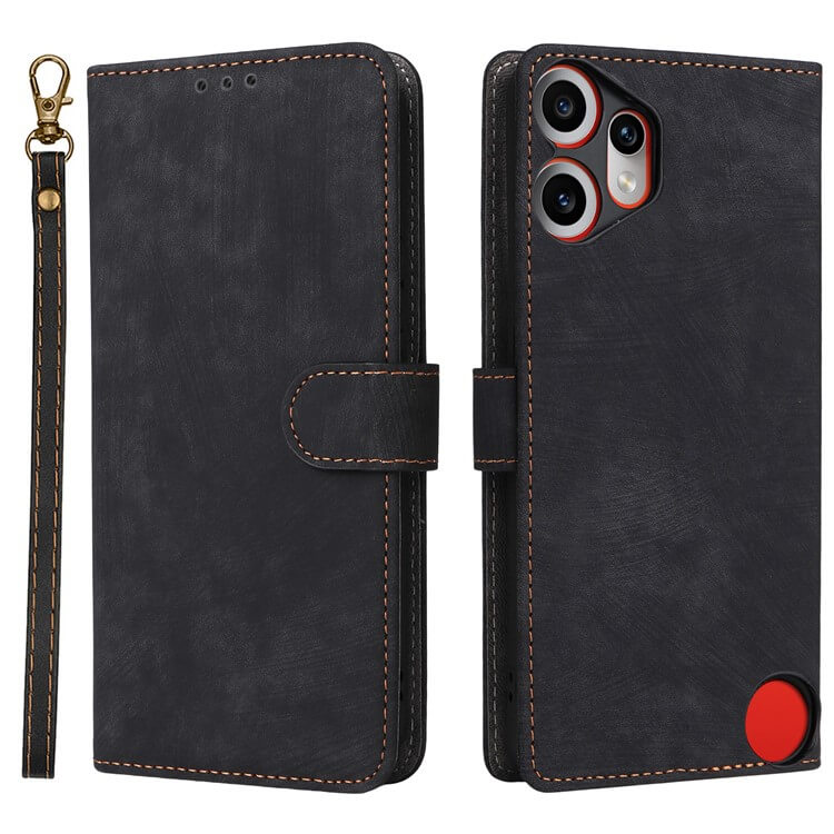 Cover-Discount CMF Phone 2 Pro - Ledertasche mit RFID Blocker, schwarze Handyhülle mit braunen Nähten, abnehmbarer Handschlaufe, offen und geschlossen präsentiert.