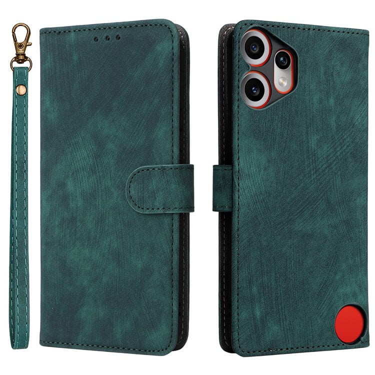 Cover-Discount CMF Phone 2 Pro - Ledertasche mit RFID Blocker: tealgrüne Brieftasche mit Handgelenkschlaufe, präzise Kamera- und Tastenausschnitte, offen und geschlossen dargestellt. Perfekte Passform für CMF Phone 2 Pro.