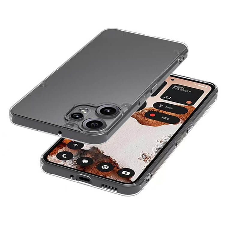 Zwei Cover-Discount CMF Phone 2 Pro Smartphones mit Silikon Gummi Case transparent-eines zeigt den Bildschirm, die andere Highlights Kameralinsen und Anti-Fingerprint-Schutz.