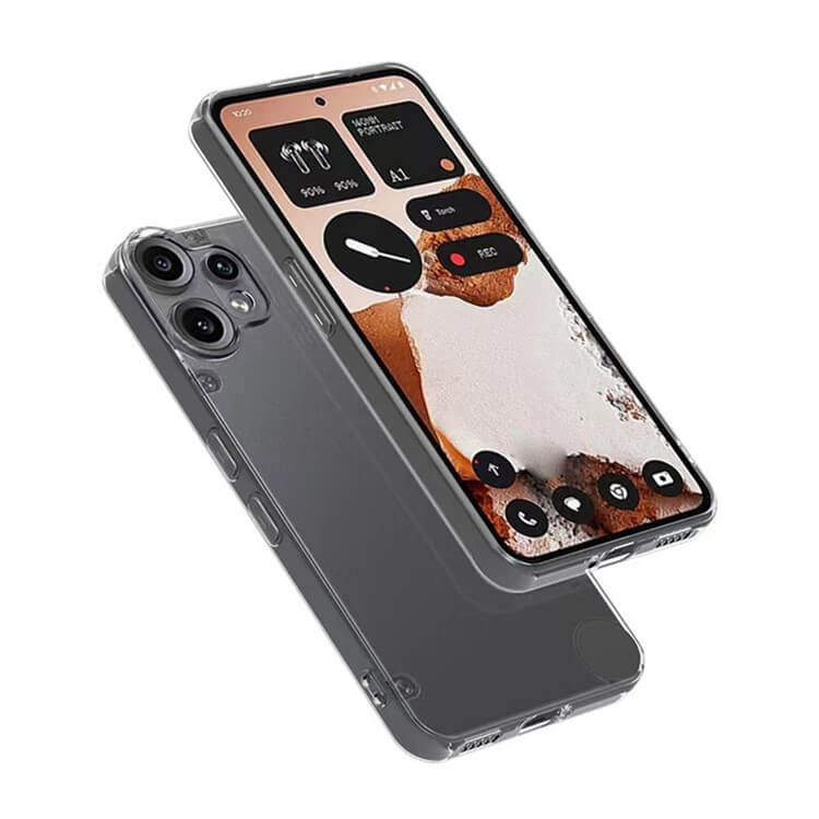 Zwei CMF Phone 2 Pro Smartphones in der transparenten Silikon-Gummihülle von Cover-Discount mit abstraktem Hintergrundbild und Widgets bieten stilvollen Schutz mit Antifingerprint-Schutz.