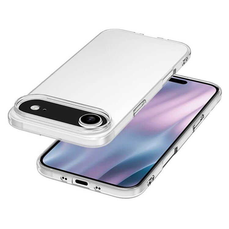 Die Cover-Discount iPhone 17 Air - Silikon Gummihülle transparent wird auf einem Telefon mit einem Farbverlauf lila und blauem Bildschirm gezeigt, Kamera sichtbar. Eigenschaften Antifingerprint Schutz-Ideal als iPhone 17 Air Hülle.