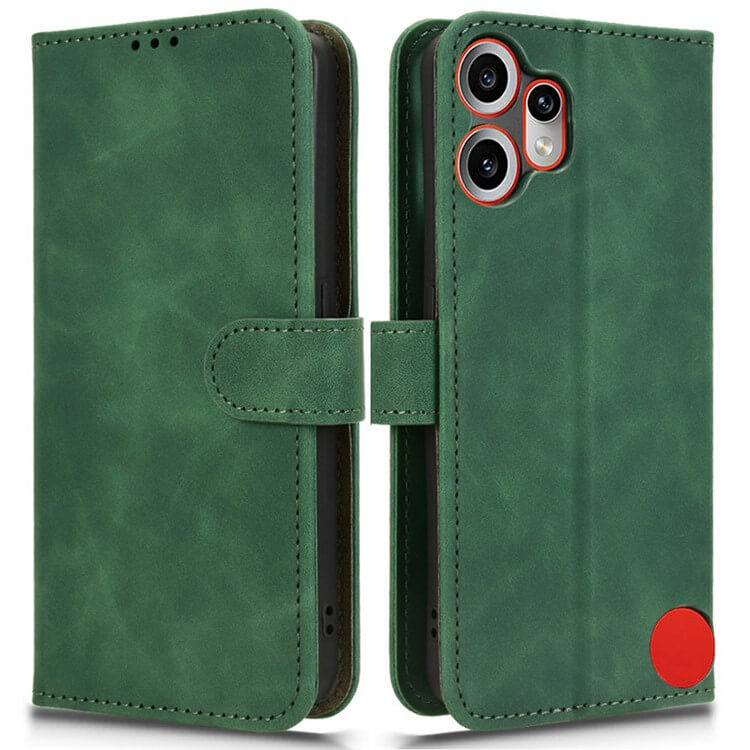 Cover-Discount CMF Phone 2 Pro - Solide Leder Etui Hülle in Grün mit drei Kameraausschnitten und rotem Akzent, Vorder- und Rückseite abgebildet.