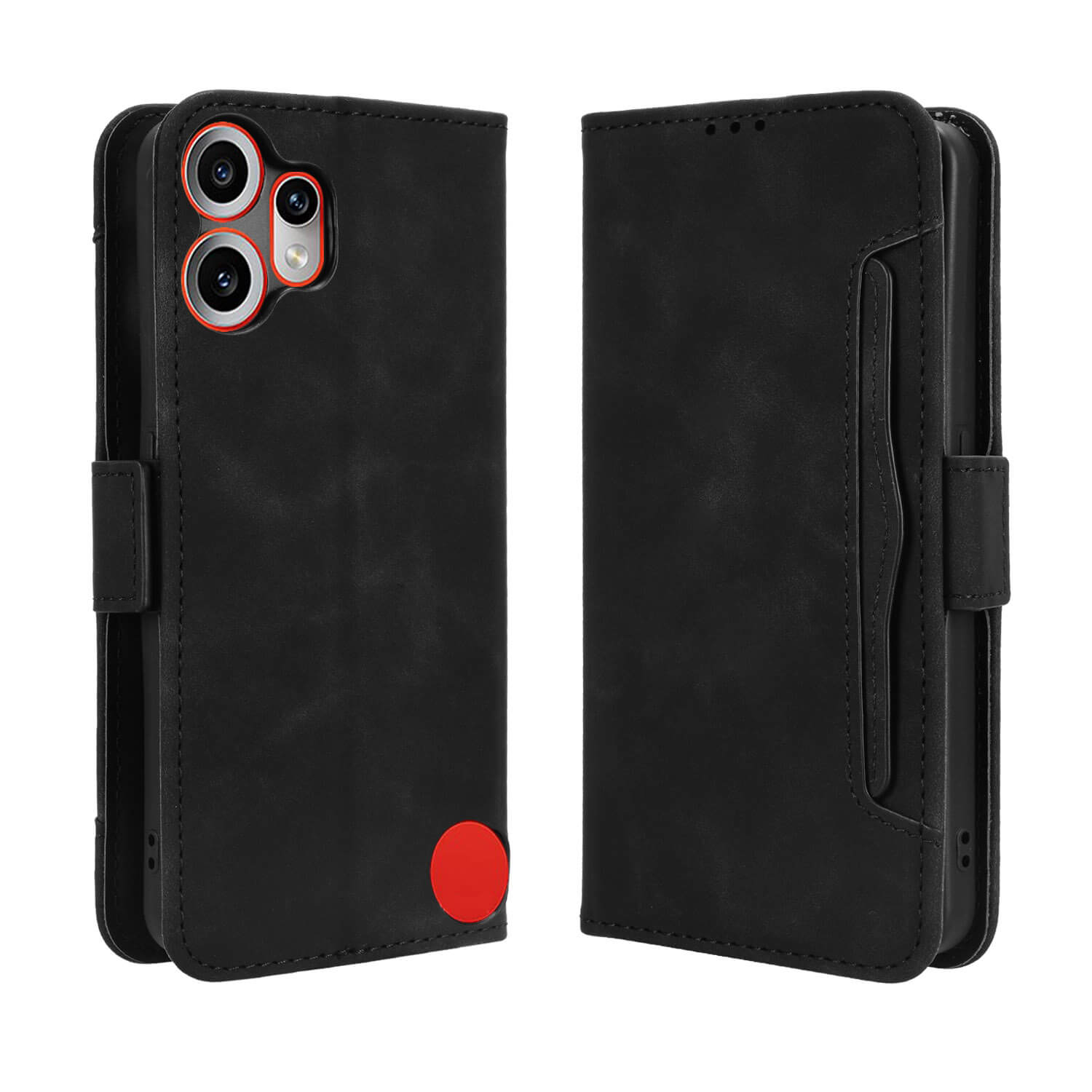 Das Cover-Discount CMF Phone 2 Pro - Etui viele KartenfĂ€cher, schwarzes Flip Case mit rotem Kreis auf der RĂŒckseite, wird von vorne und hinten vor einem weiĂen Hintergrund dargestellt.