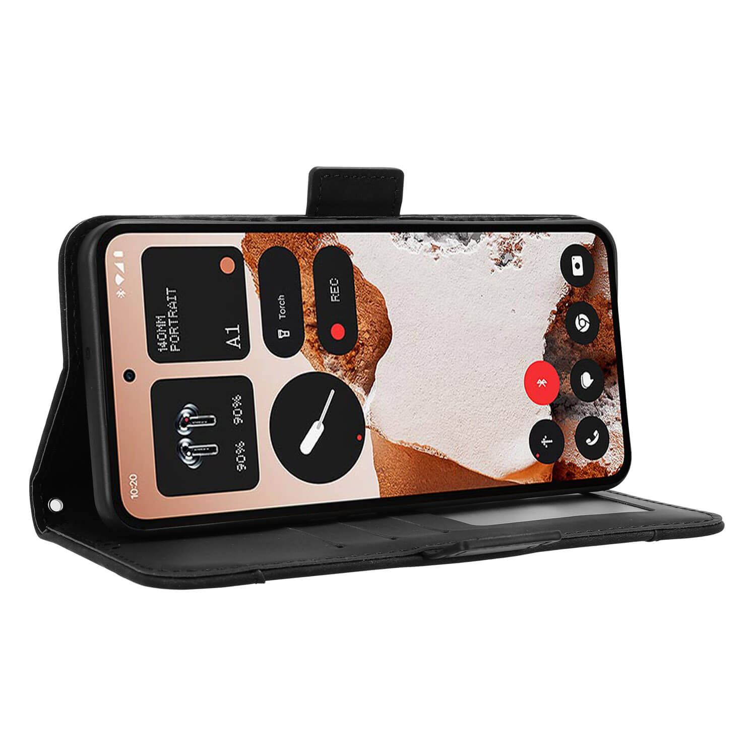 Das CMF Phone 2 Pro im Cover-Discount Flip-Case mit vielen KartenfÀchern steht horizontal und zeigt eine geöffnete Sprachaufnahme-App auf dem Display.