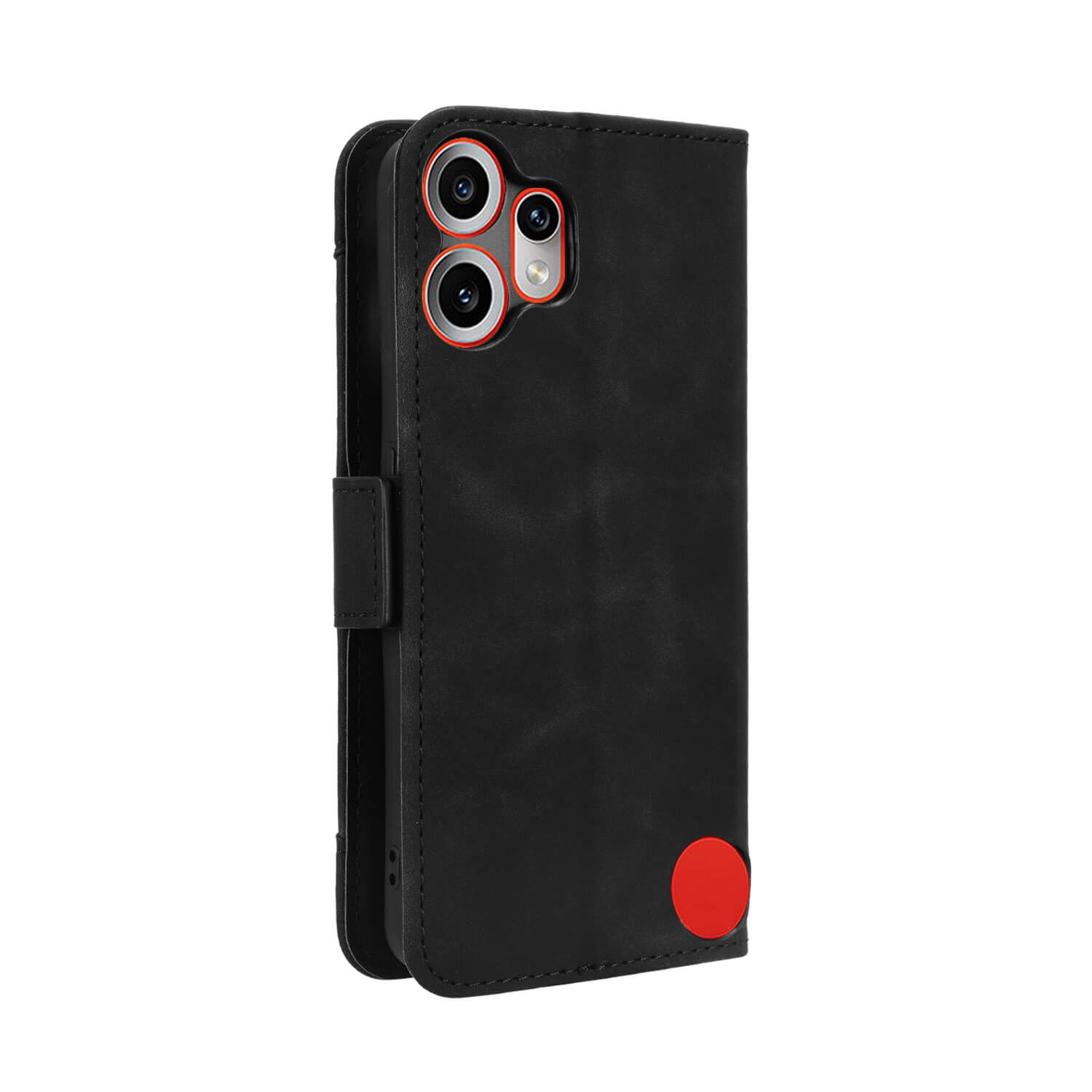 Das Cover-Discount CMF Phone 2 Pro - Etui viele KartenfÀcher ist aufrecht in schlichtem Schwarz gehalten, mit roten Kameraakzenten und einem auffÀlligen roten Kreis unten rechts.