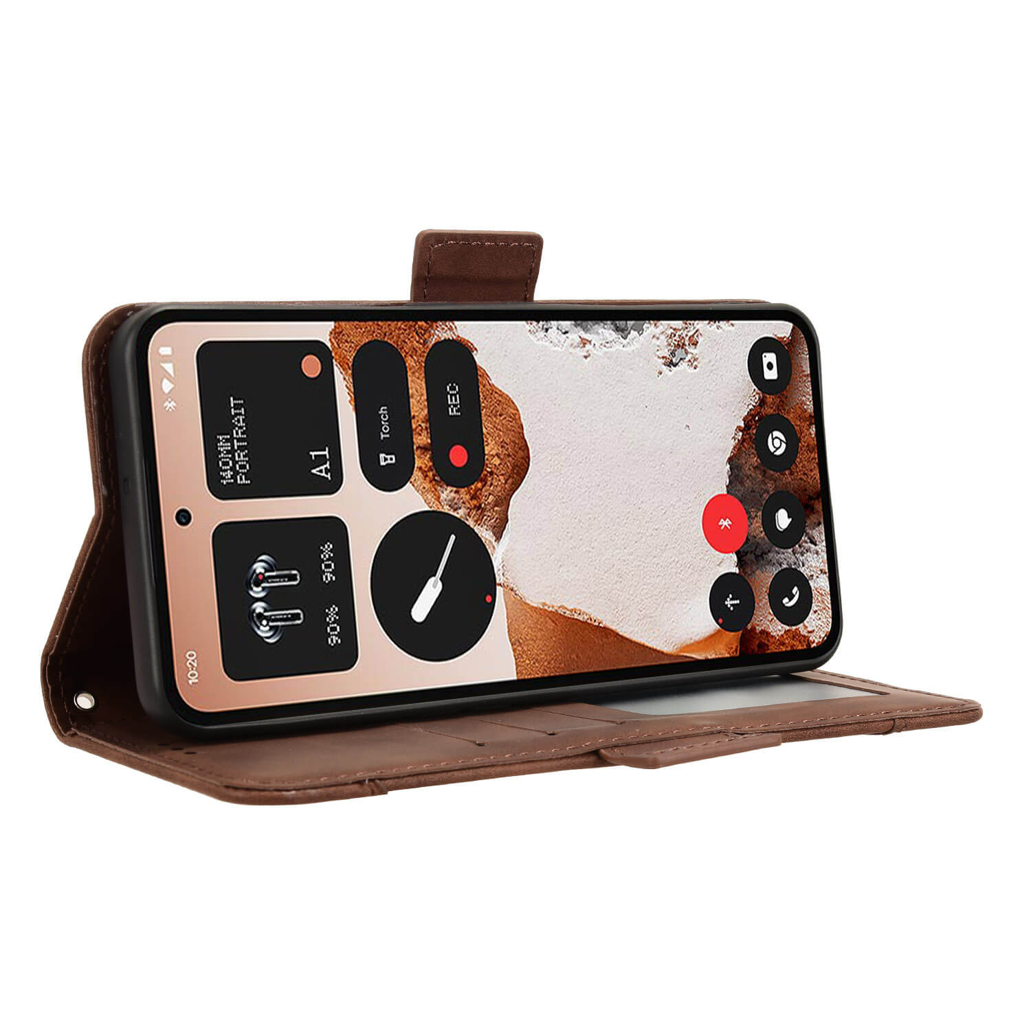 Ein CMF Phone 2 Pro in einem braunen Cover-Discount Etui mit vielen KartenfÀchern ist aufgeklappt und zeigt einen Bildschirm mit Steuerungseinstellungen.