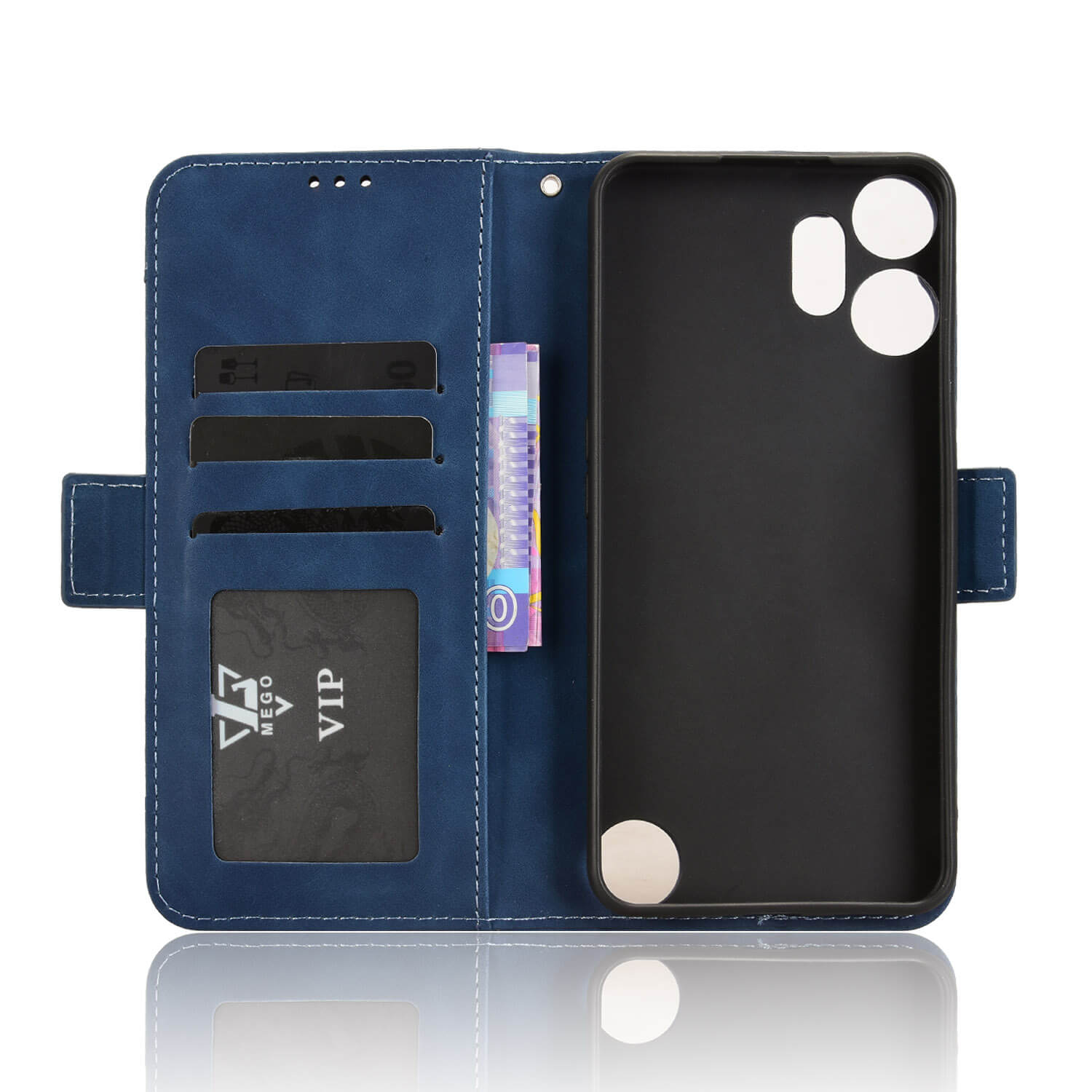 Cover-Discount CMF Phone 2 Pro - Etui viele KartenfĂ€cher: blaues Flip Case mit KartenfĂ€chern, Geldfach und schwarzer Halterung auf weiĂem Hintergrund.