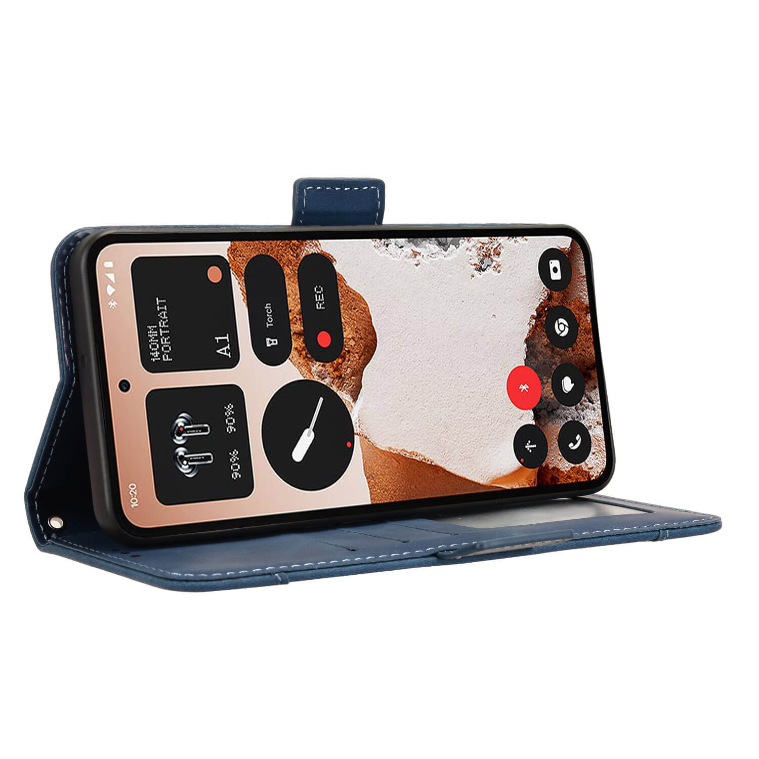 Das CMF Phone 2 Pro im Etui mit vielen KartenfÀchern von Cover-Discount steht aufrecht und zeigt eine Aufnahme-App mit verschiedenen Steuerungen auf dem Display.