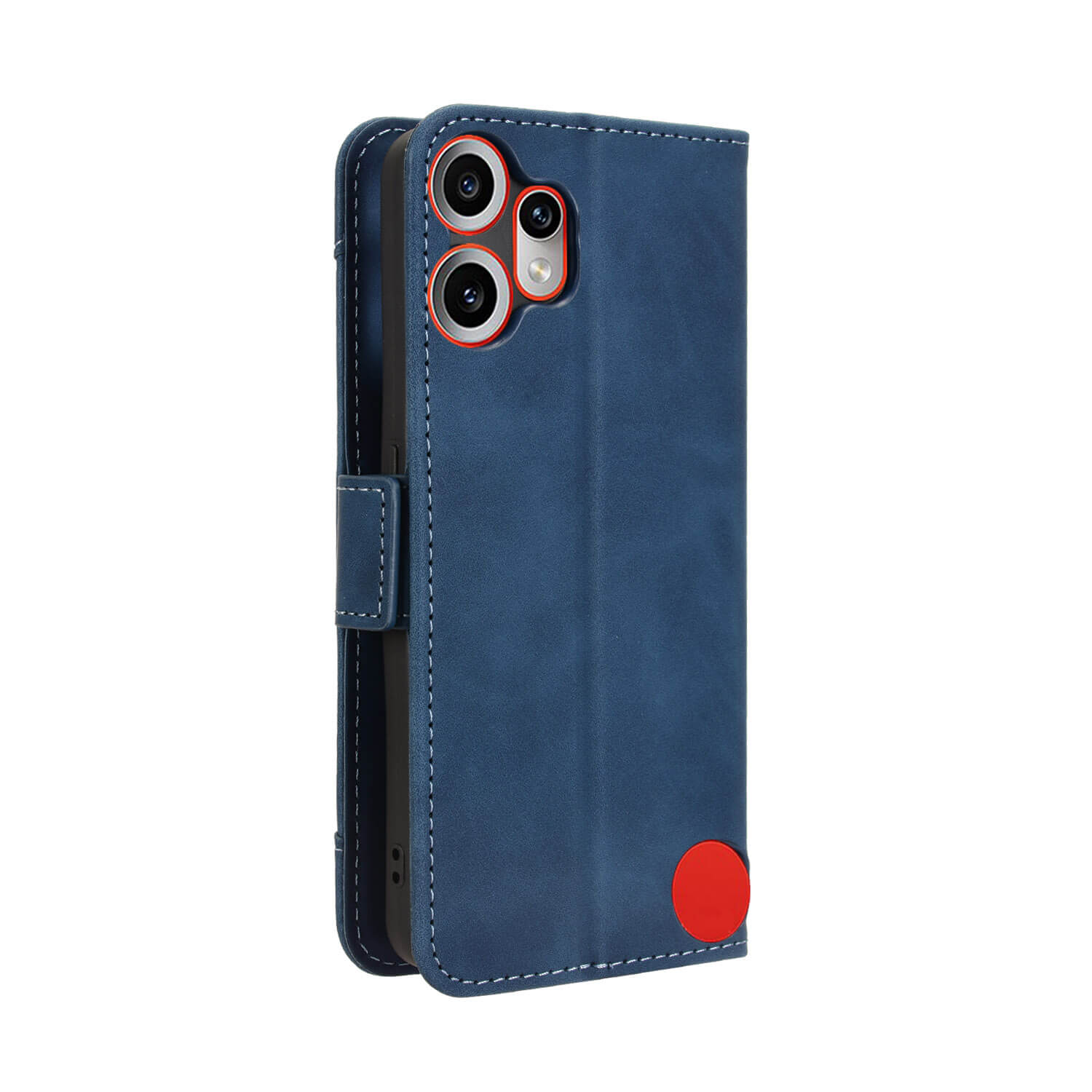 Das Cover-Discount CMF Phone 2 Pro - Etui viele KartenfĂ€cher kommt in Blau mit weiĂen NĂ€hten, rotem Button, roten Kamera-Akzenten und praktischen KartenfĂ€chern - ein stilvolles, funktionales Flip Case fĂŒr dein Smartphone.