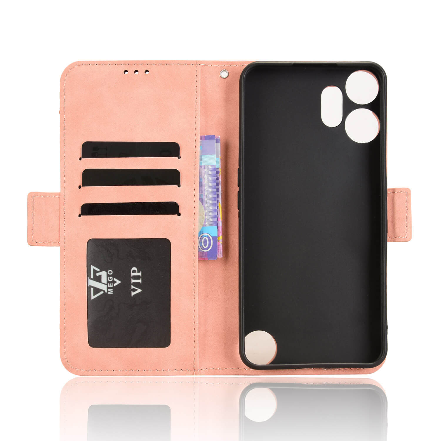 Cover-Discount CMF Phone 2 Pro - Etui viele KartenfĂ€cher mit Kartenschlitzen und schwarzem Handyhalter auf weiĂem Hintergrund.