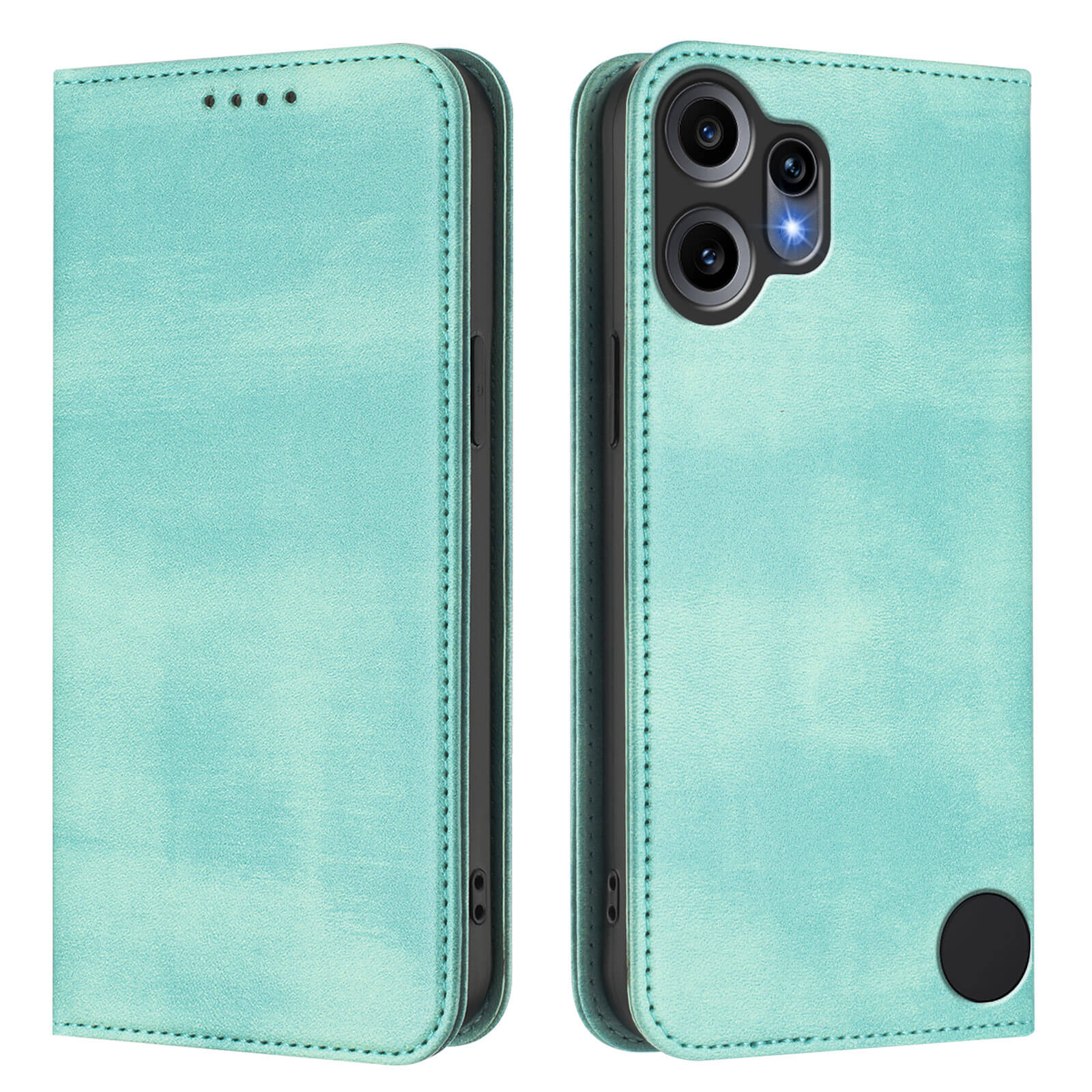 Zwei Ansichten der mintgrünen Cover-Discount CMF Phone 2 Pro - Flip Case mit RFID Blocker, offen und geschlossen, mit Kamera- und Lautsprecheraussparungen für extra Sicherheit.