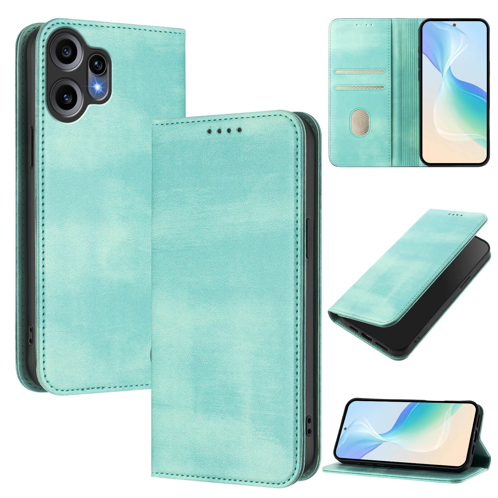 Cover-Discount CMF Phone 2 Pro - Flip Case mit RFID Blocker in Aqua Blau, mit Kartenfächern, aus verschiedenen Blickwinkeln und mit eingelegtem Smartphone dargestellt.