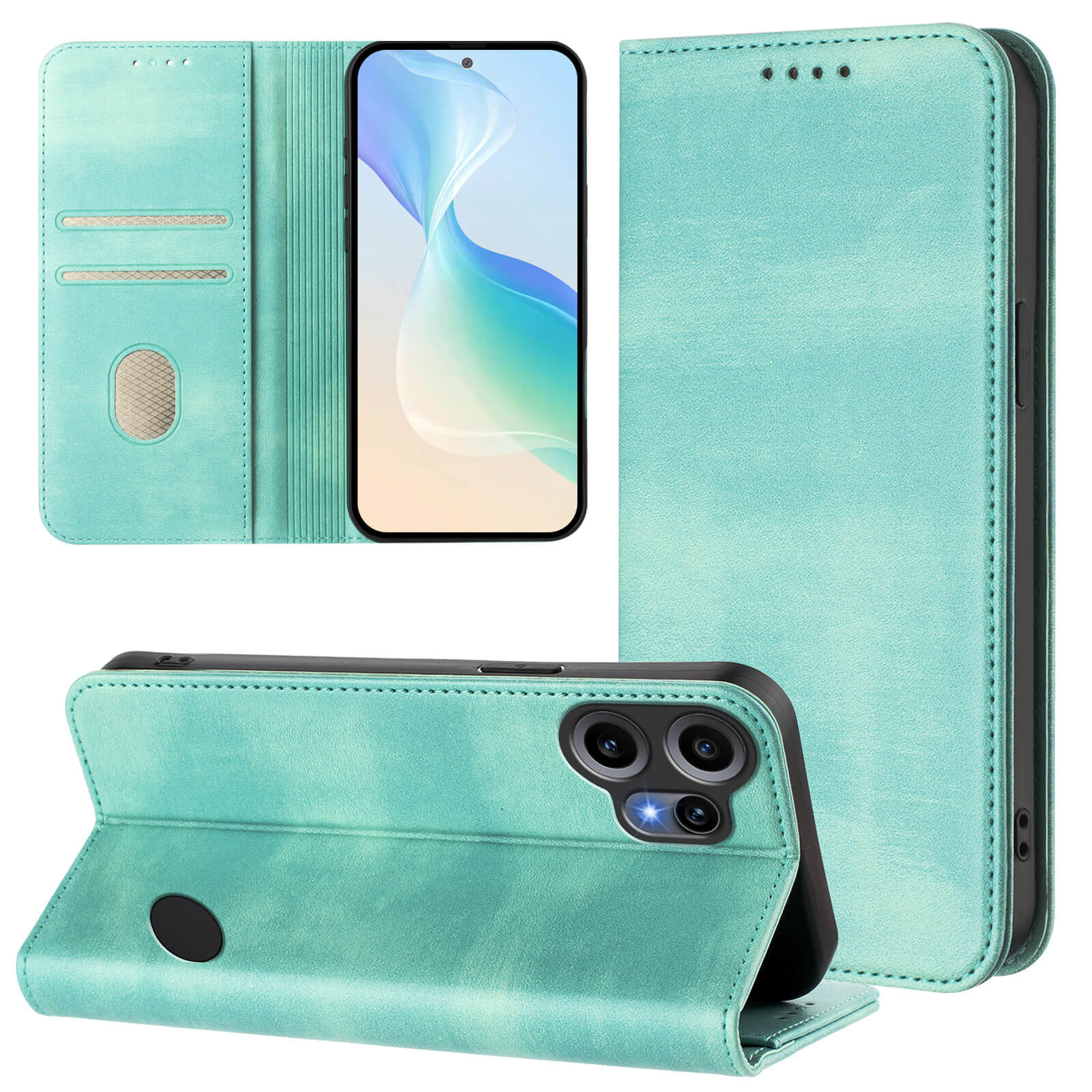 Die Cover-Discount CMF Phone 2 Pro - Flip Case mit RFID Blocker in Türkis verfügt über Kartenschlitze und dient geschlossen, geöffnet oder als Ständer als praktischer Schutz für Ihr Smartphone.