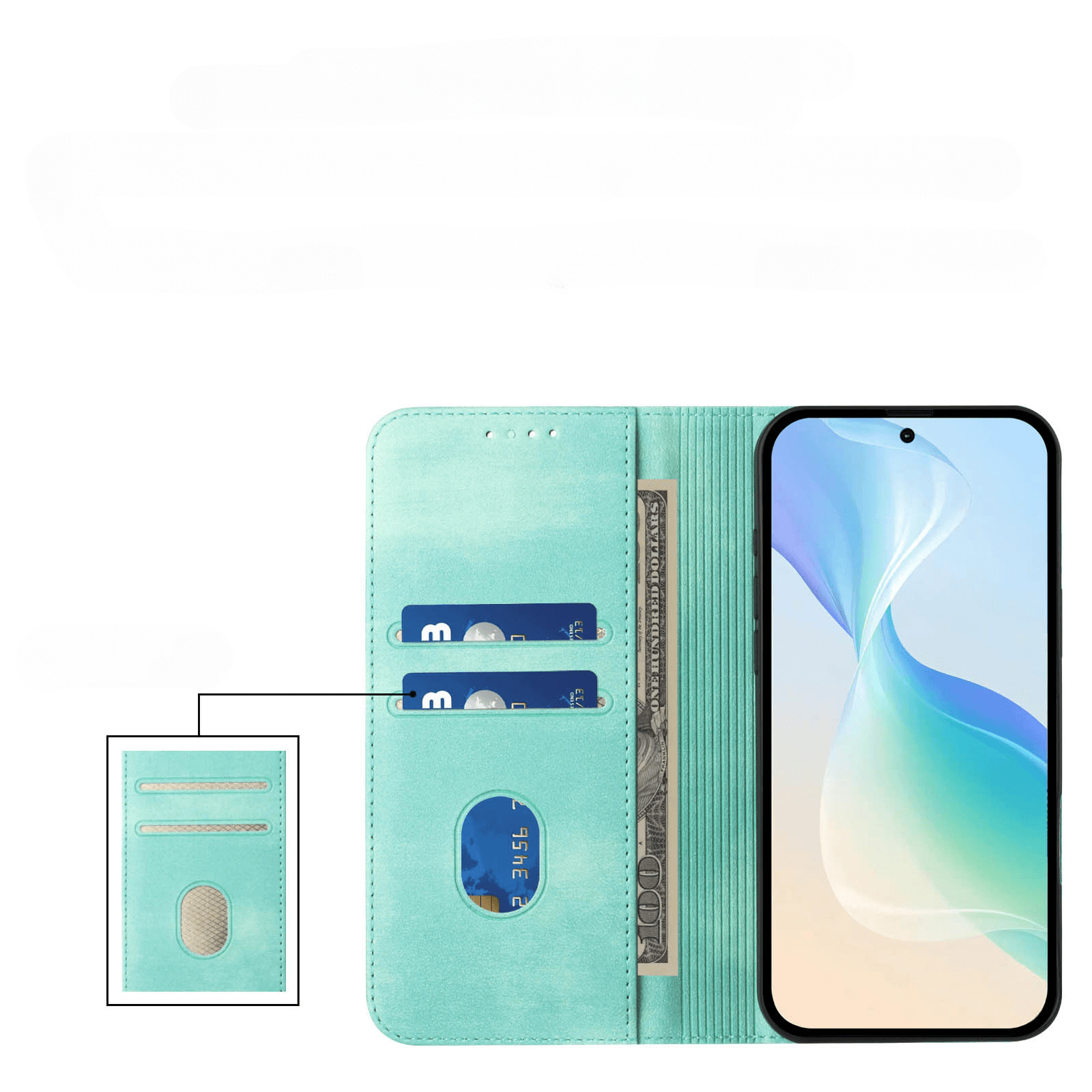 Das Cover-Discount CMF Phone 2 Pro - Flip Case mit RFID Blocker in teal bietet Platz für zwei Karten, Bargeld und Ihr Telefon. Eine Nahaufnahme der Kartenfächer zeigt.