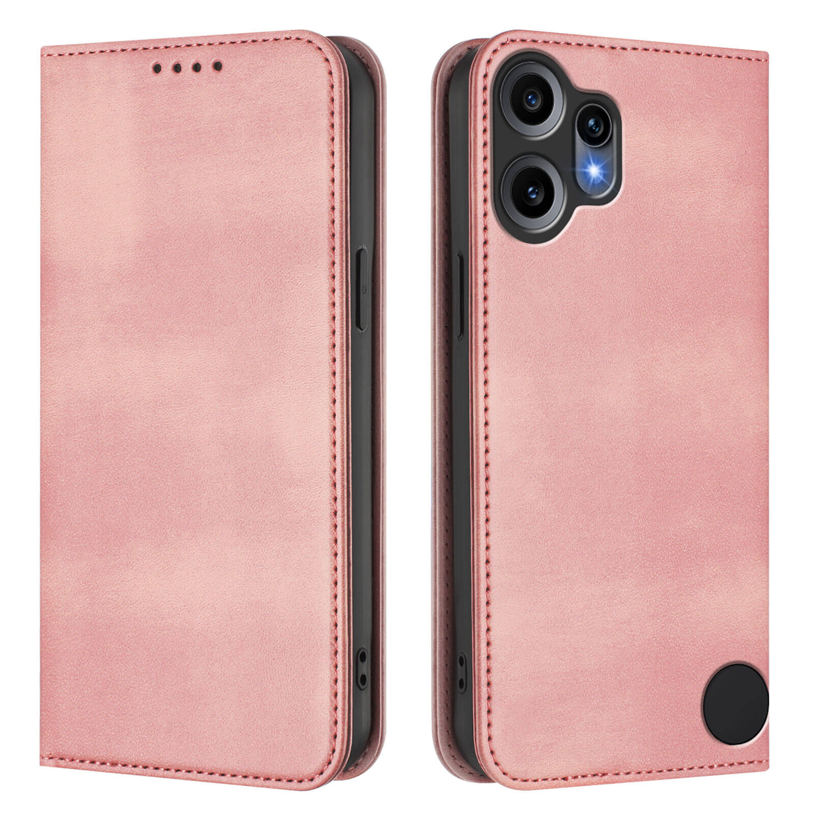 Cover-Discount CMF Phone 2 Pro - Flip Case mit RFID Blocker, faltbare Hülle in Pink, von vorne und hinten gezeigt mit Aussparungen für Kamera und Tasten.