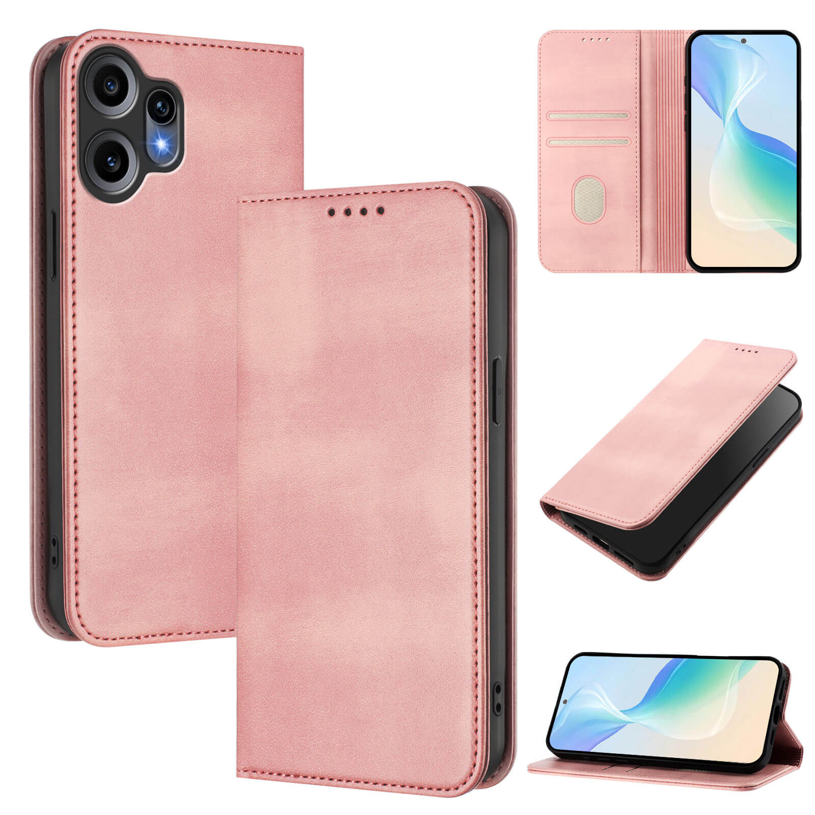 Die pinke Cover-Discount Flip Case mit RFID Blocker für das CMF Phone 2 Pro schützt Ihr Smartphone, bietet Kartenfächer und lässt sich als praktischer Ständer verwenden - sicher geschlossen oder geöffnet.