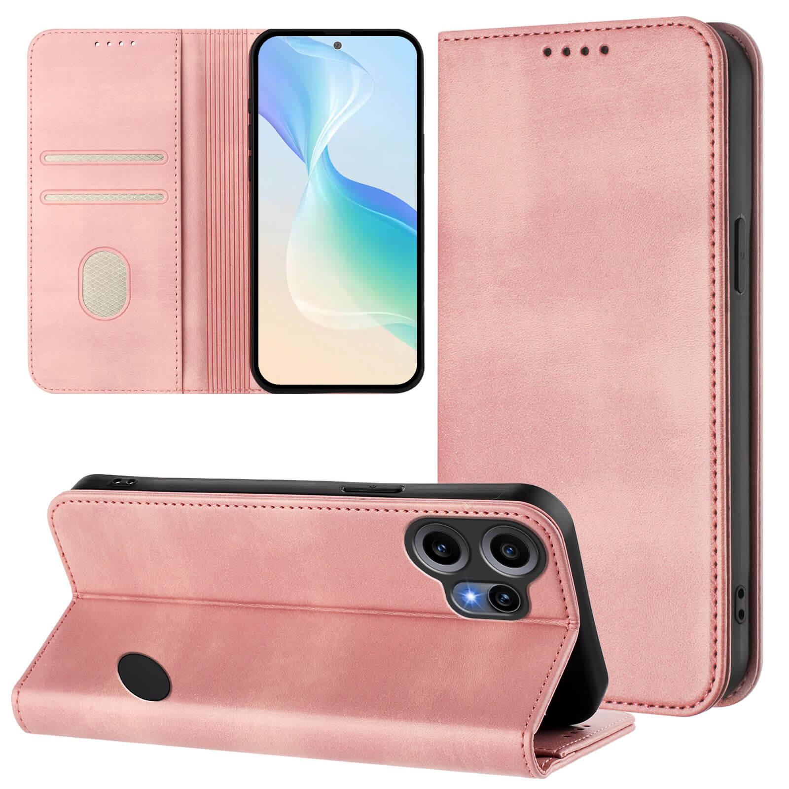 Cover-Discount CMF Phone 2 Pro - Flip Case mit RFID Blocker: Pinke Ledertasche mit Kartenfächern, Standfunktion und Platz für ein Dual-Kamera-Smartphone.