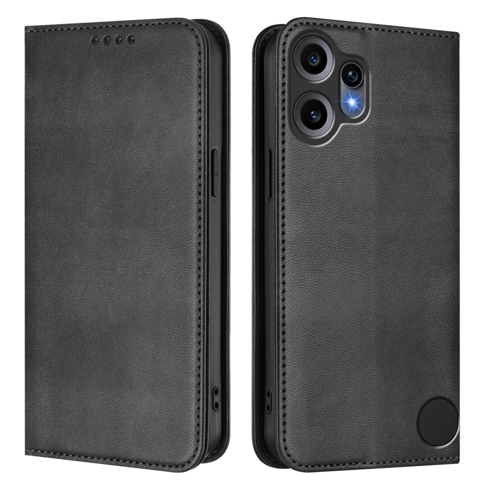 Das Cover-Discount CMF Phone 2 Pro - Flip Case mit RFID-Blocker in schwarzem Leder ist auf der Vorder- und Rückseite abgebildet und hebt die Kamera- und Lautsprecherausschnitte sowie die RFID-Blockierung für zusätzliche Sicherheit hervor.