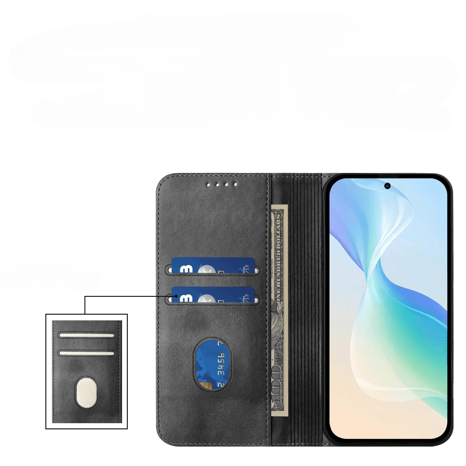 Geöffnetes schwarzes Cover-Discount Flip Case mit RFID-Blocker für CMF Phone 2 Pro bietet Platz für Kreditkarten, Bargeld und Smartphone; die Nahaufnahme zeigt RFID-blockierende Kartenfächer.