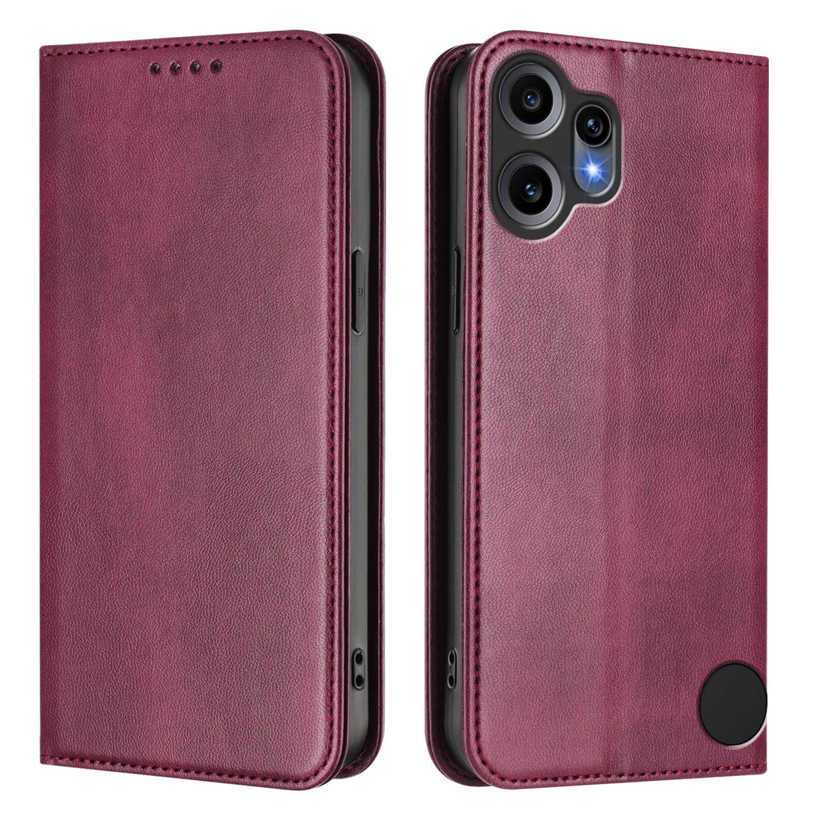 Cover-Discount CMF Phone 2 Pro - Flip Case mit RFID Blocker aus Leder in Maroon, offen und geschlossen gezeigt, mit Kameraausschnitt sowie Magnetverschluss.