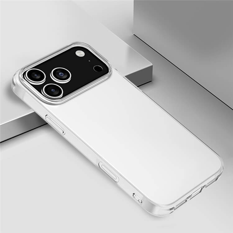 Das Cover-Discount iPhone 17 Pro Max - Silikon Gummi Case transparent verfügt über Antifingerprint Schutz und passt für Telefone mit zwei rückwärtigen Kameras, hier auf einer hellgrauen Oberfläche gezeigt.
