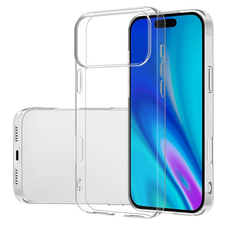 Das Cover-Discount iPhone 17 Pro - Silikon Gummi Case transparent mit Antifingerprint-Schutz wird auf und neben einem iPhone 17 Pro mit blauem und lila Display gezeigt.