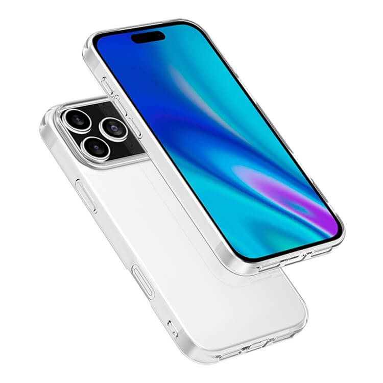 Zwei iPhones mit durchsichtigen Hüllen - eine zeigt den Bildschirm, die andere die Kamera und die Rückseite - sind mit dem Cover-Discount iPhone 17 Pro Silikon Gummi Case transparent mit Antifingerprint-Schutz für einen makellosen Look.