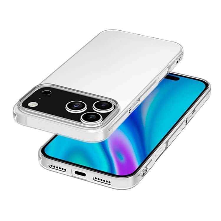 Zwei iPhone 17 Pro Telefone mit Cover-Discount Silikon Gummi Case transparent-eines zeigt den Bildschirm, das andere die hinteren Kameras. Beide verfügen über Antifingerprint-Schutz für einen sauberen Look. Perfekt als iPhone 17 Pro Schutzhülle.